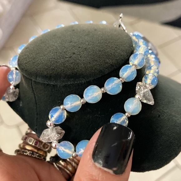 Herkimer diamond crystal quartz & iridescent blue opalite beads boho necklace - Picture 3 of 14